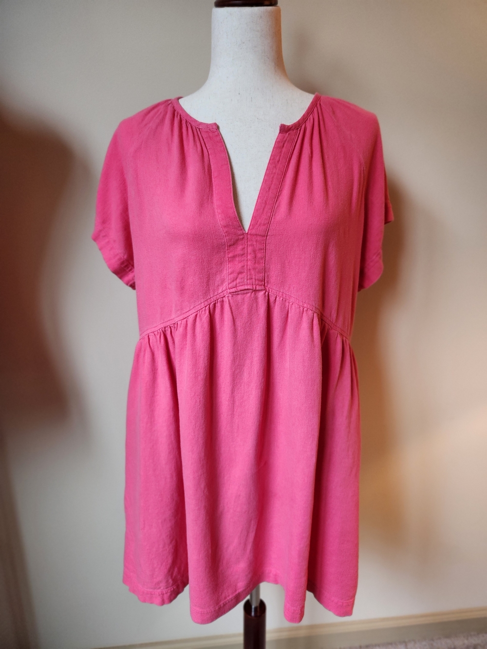 Pink Linen Blend V Neck Short Sleeve Mini Shift Dress With Pockets Size L